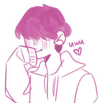 a cartoony pink and white drawing of luc saying UWU.