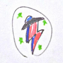 a traditionally drawn UFO with red and blue lightning coming out of the bottom, surrounded by green stars.